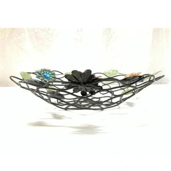 Vintage 1980s Enamel Wire Centerpiece Basket – Bold Floral Accents with Jewels, - Picture 4 of 8